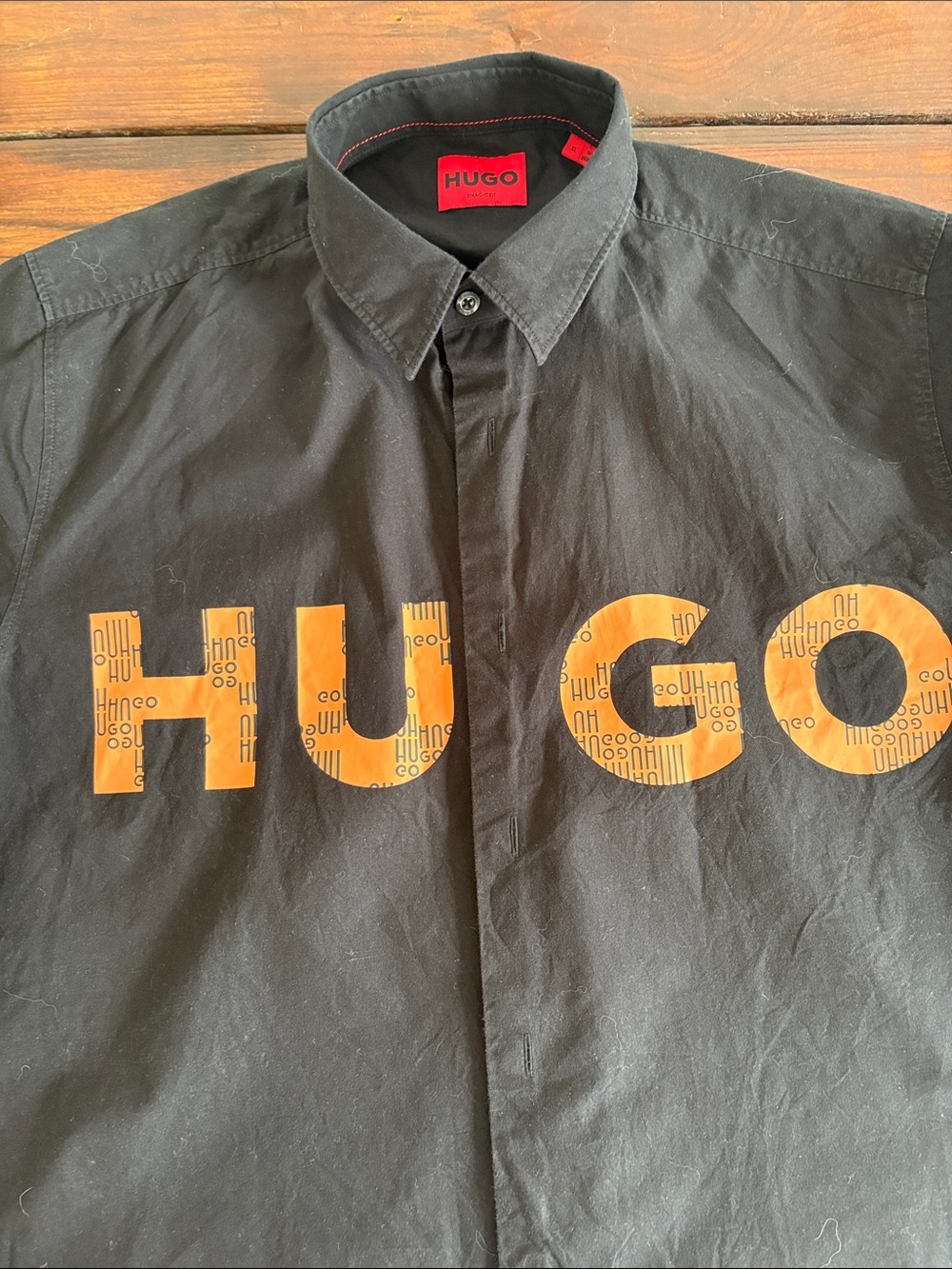 HUGO Black Shirt with Orange Logo Print